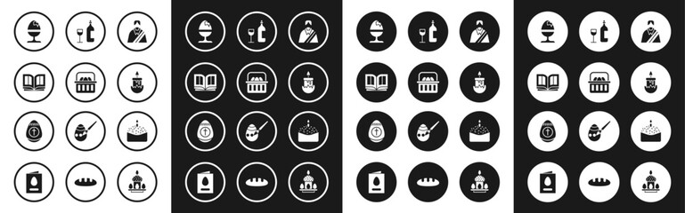 Set Jesus Christ, Basket with easter eggs, Holy bible book, Chicken on stand, Burning candle, Wine bottle glass, Easter cake and icon. Vector