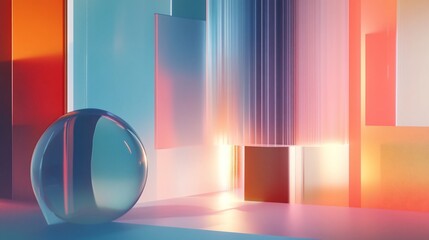 Abstract composition with geometric shapes and translucent sphere element