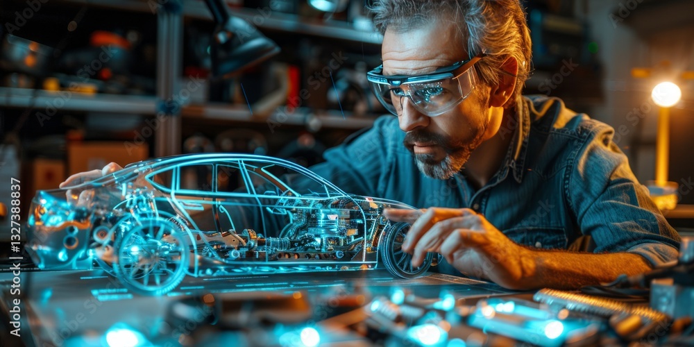 Poster engineer analyzing a futuristic holographic car model with augmented reality glasses in a high-tech 