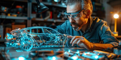 Engineer analyzing a futuristic holographic car model with augmented reality glasses in a high-tech workshop