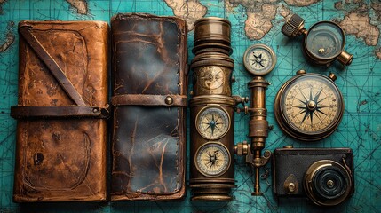 Vintage Travel Equipment and Antique Leather Journals on Antique World Map Background Featuring Brass Compass, Telescope, and Camera