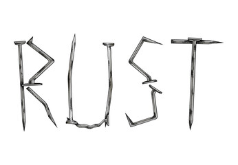Word "Rust" is drawn. The word is depicted as rusty nails. A vector illustration in black, isolated on a white background.