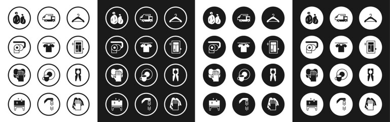 Set Hanger wardrobe, Drying clothes, Toilet paper roll, Garbage bag, Cleaning service for window, truck, Clothes pin and icon. Vector