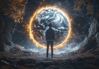 Fototapeta premium Person Standing Before Glowing Digital Earth at Night