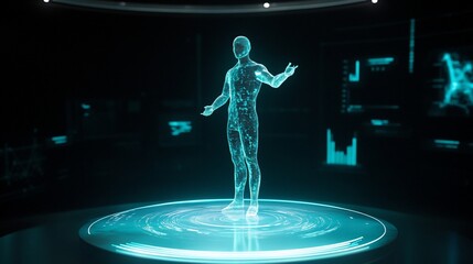 Futuristic holographic representation of a human figure in digital space