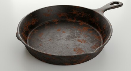 Rustic Cast Iron Skillet - A well-used cast iron skillet showing signs of age and seasoning, with rust spots adding character