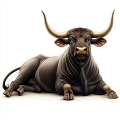 Naklejka premium Powerful Dark Brown Bull with Long Horns Lying Down on White Background