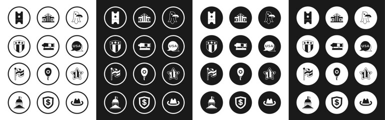Set Eagle, Cannon, Shield with stars, Baseball ticket, USA Independence day, White House, and American flag icon. Vector