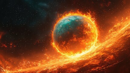 Obraz premium Fiery Planet Destruction Cosmic Inferno Burning World Apocalyptic Scene Space Disaster Flaming Celestial Body Burning Planet