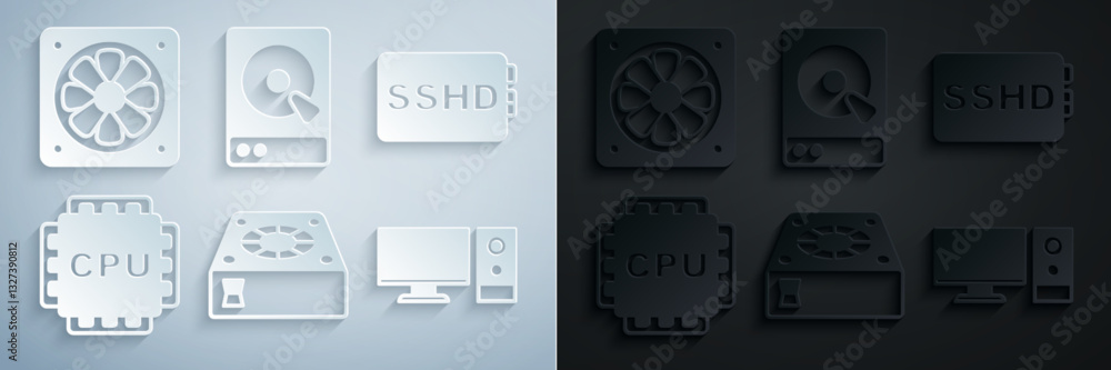 Poster set computer cooler, sshd card, processor with cpu, monitor, hard disk drive hdd and icon. vector