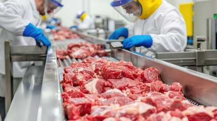 Conveyor belt loaded with raw beef cuts, with automated machinery and professionals in safety gear working in a sterile environment.