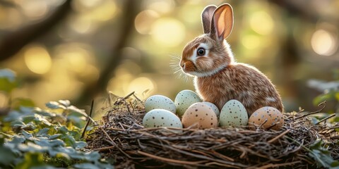 Cute rabbit sitting beside colorful speckled eggs in a forest nest during springtime