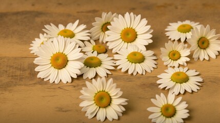 Obraz premium Daisy flowers scattered on a wooden surface 