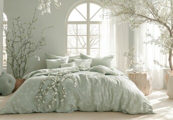 Serene Sage Green Bedroom Decor with Soft Bedding and Natural Light