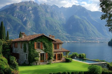 Obraz premium Luxurious Stone Villa with Ivy, Mountain Lake View, Infinity Pool