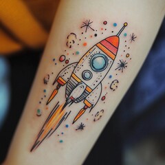 colorful tattoo of a cartoon spaceship on a human skin