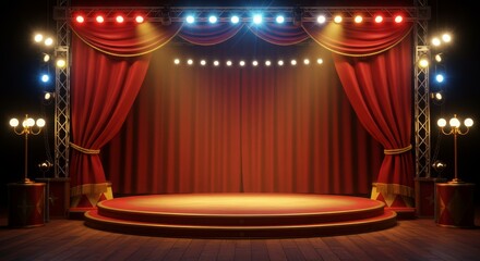 Stage Performance: Red Curtains and Golden Podium - A captivating stage setting, perfect for showcasing talent. Red velvet curtains frame a golden podium bathed in warm light, symbolizing elegance