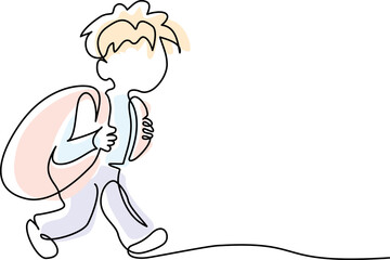 Little cartoon Boy with Backpack Goes to School. Continuous one Line drawing.