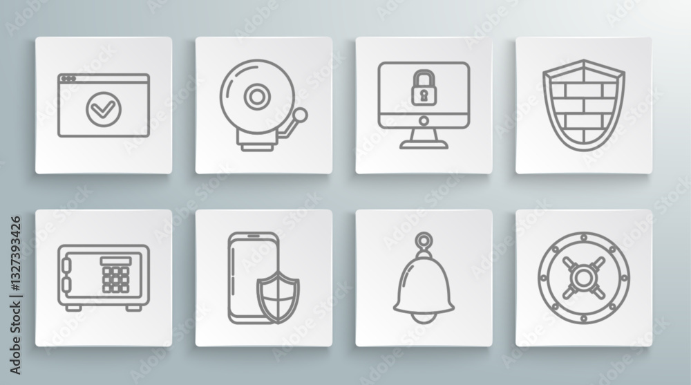 Poster set line safe, ringing alarm bell, smartphone with security shield, lock computer monitor screen, sh