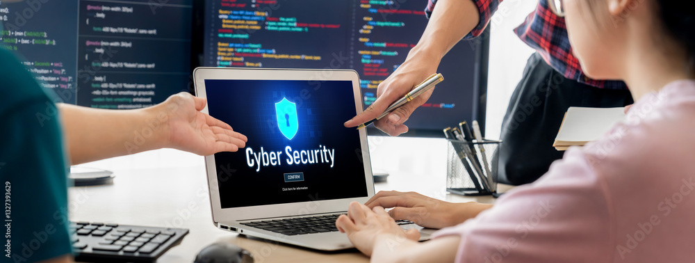 Poster cyber security system on computer screen protect private information brisk from hacker and cyber att