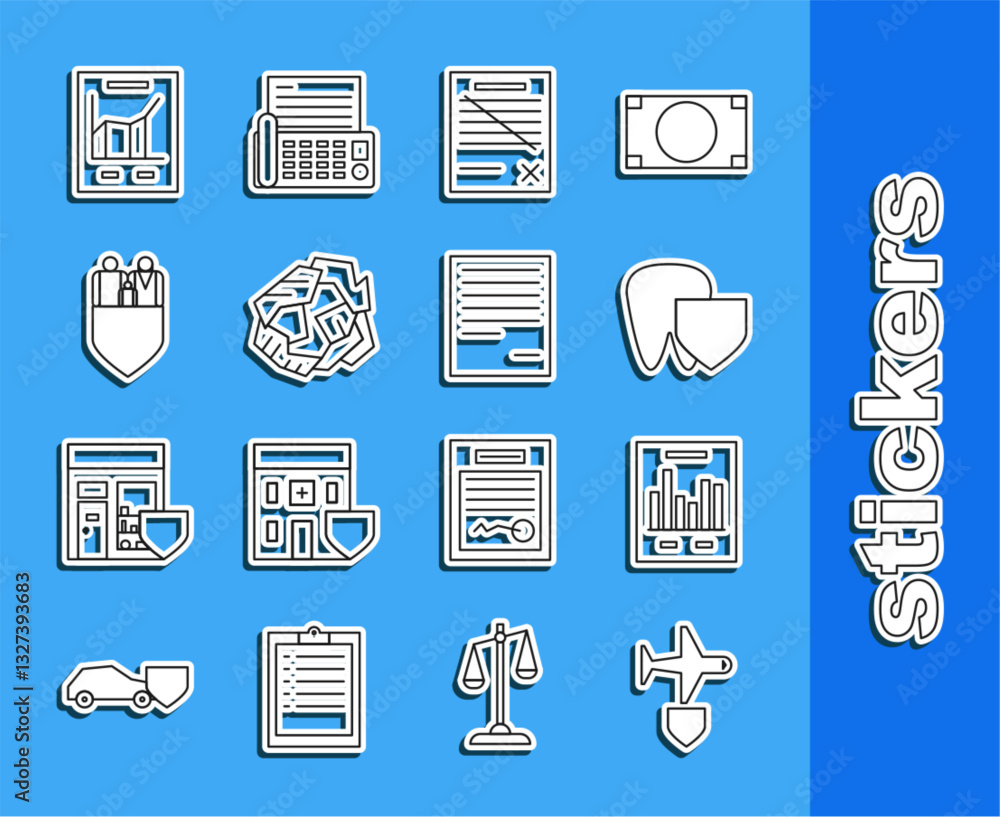 Poster set line plane with shield, document graph chart, tooth, delete file document, crumpled paper ball, 