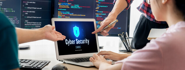 Cyber security system on computer screen protect private information brisk from hacker and cyber...