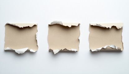 Fototapeta premium Three Pieces of Torn Brown Paper on White Background
