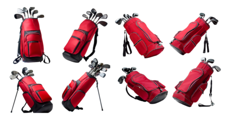 Red Golf Bags with Clubs Displayed from Various Angles and Positions, isolated on transparent background
