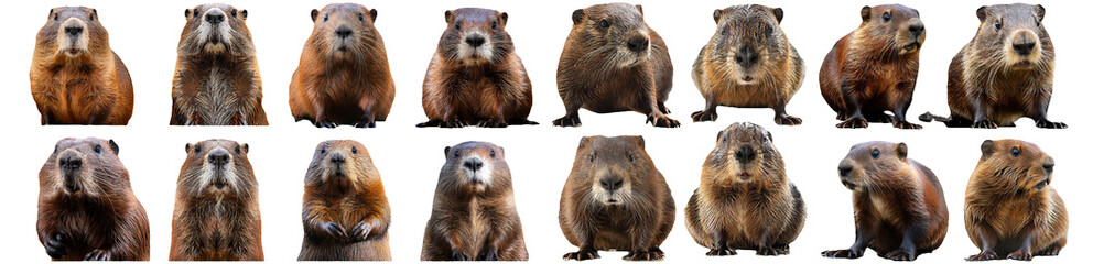 Groundhogs in various poses isolated on transparent background