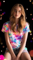 Teenage girl in tie-dye shirt, posing against a bokeh background.