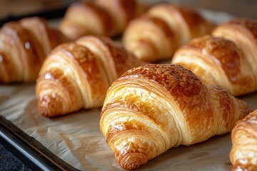 Fototapeta premium Golden croissants: Freshly baked pastry perfection on display ready to be enjoyed