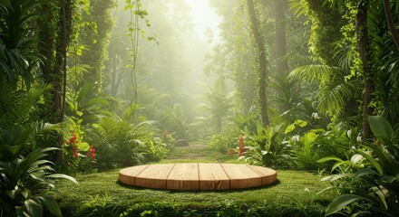 Tropical Jungle Wooden Platform - Lush green jungle scene with a circular wooden platform, ideal for product displays or nature-themed designs