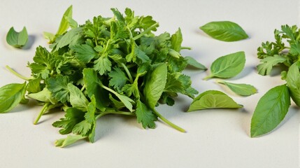 Obraz premium Fresh vibrant green parsley leaves scattered on white surface, highlighting their detailed serrated edges. Rich green color evokes freshness and vitality, symbolizing natural health and spring renewal