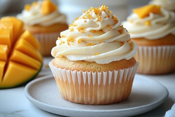 Delicious mango cupcake topped with creamy frosting and colorful sprinkles