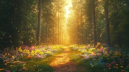 Obraz premium An enchanting forest pathway, illuminated by soft golden light, is flanked by colorful wildflowers and towering green trees.