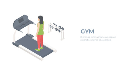 Running treadmill woman with exercise tools with modern isometric style. Gym sport concept.
