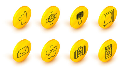Set line Dog medicine bottle and pills, Pet first aid kit, Paw print, bed, Door for pet, Hair brush dog cat, Veterinary clinic symbol and Cat icon. Vector