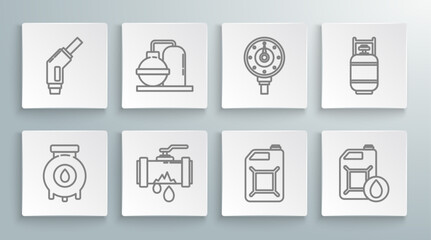 Set line Oil and gas industrial factory building, Broken metal pipe with leaking water, Canister for gasoline, motor machine oil, Motor gauge, Propane tank and Gasoline pump nozzle icon. Vector