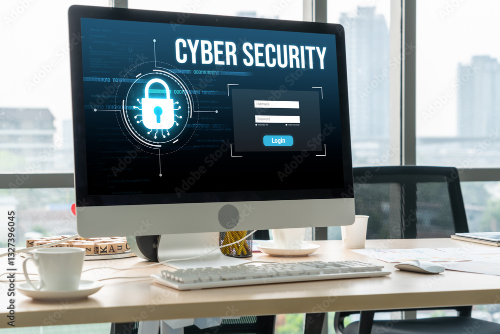 Poster cyber security system on computer screen protect private information snugly from hacker and cyber at