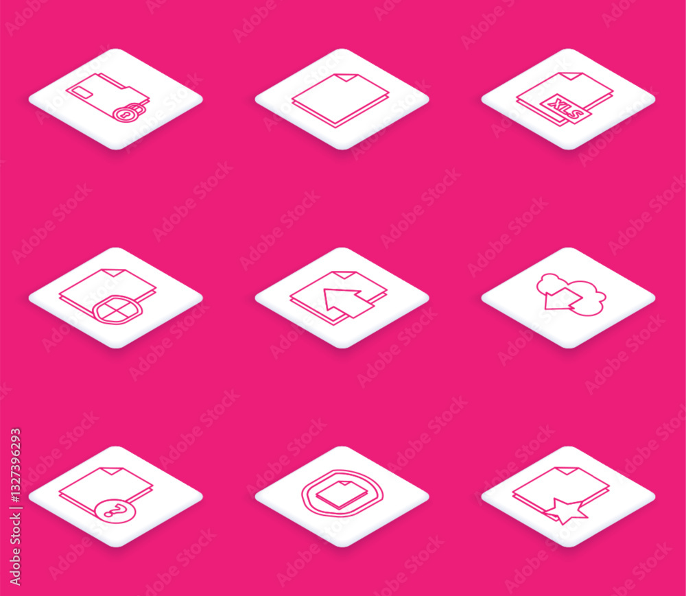 Poster set line folder and lock, document, xls file document, protection concept, next page arrow, cloud do
