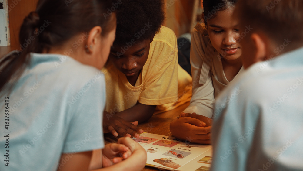 Poster caucasian girl sharing experience while reading a book together with multicultural friend at library