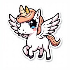 Fototapeta premium Cute Cartoon Unicorn with Wings and Pink Mane, Adorable Fantasy Animal