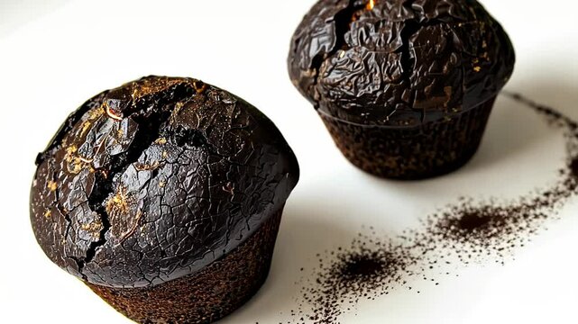 Close-up of burnt muffins with a cracked, blackened surface, showing a textured and overcooked appearance.