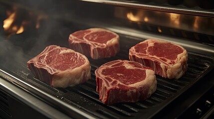 Fototapeta premium Fresh meat steaks in an automated processing line, moving through various inspection points before final packaging.