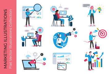 Marketing team working together, using data analysis, artificial intelligence and digital strategy for business growth. Flat vector collection. Concept illustrations