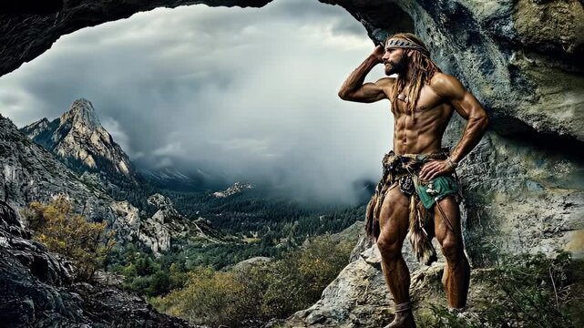 ancient man in cave, neanderthal, cro-magnon, homo sapiens, prehistoric times, stone age, guy, caveman, hunter, warrior, mountains, life of primitive people