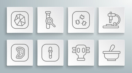 Set line Bacteria, Test tube and flask, Pipette, Gas mask, Mortar pestle, Microscope and Salt stone icon. Vector