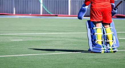Field hockey goalkeeper with blue pads.