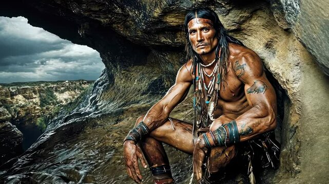 ancient man in cave, neanderthal, cro-magnon, homo sapiens, prehistoric times, stone age, guy, caveman, hunter, warrior, mountains, life of primitive people