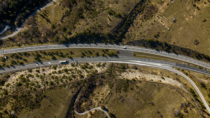 Aerial view of a highway crossing the countryside.